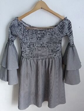 Striped Off-Shoulder Midi Dress with Tiered Bell Sleeves - Black/White